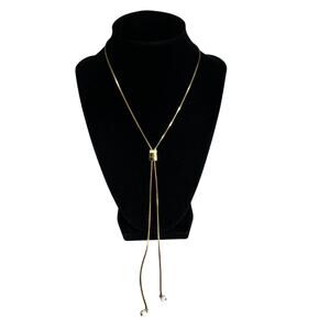 Gold Tone Lariat Necklace Adjustable Slide Pendant White Bead Tassel 17in